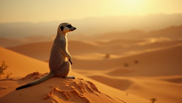 A meerkat standing or burrowing in the dry savanna. Its alert gaze contrasts with the harsh, dusty environment, highlighting its adaptability and connection to the vast, open landscape.