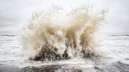 Fototapeta premium Powerful ocean wave breaking on rugged coastline, suitable for travel or nature images