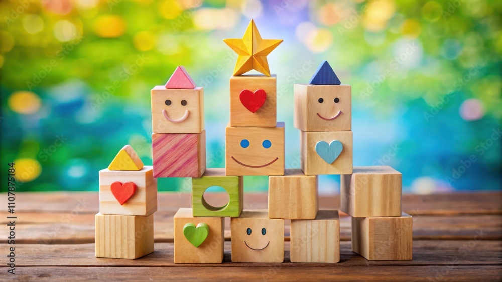 Poster a colorful arrangement of wooden blocks with various shapes, hearts, and smiling faces, showcasing a