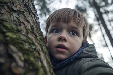 A young boy stands beside a tree, looking up towards the sky