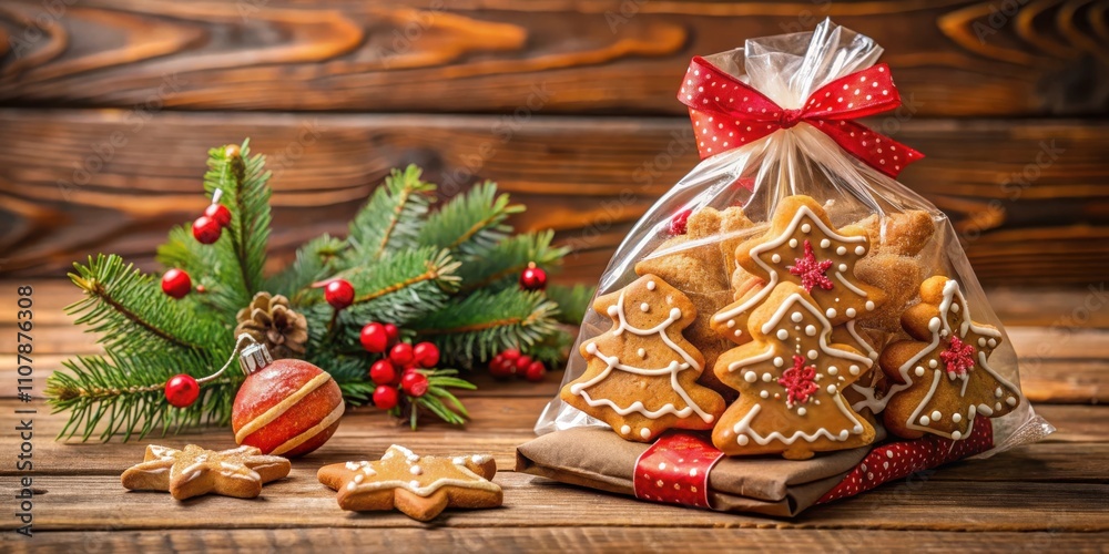 Poster gingerbread cookies wrapped in cellophane with a red ribbon, a pine branch with red berries, and an 