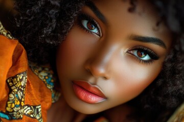 Fototapeta premium Close-up portrait of a woman wearing an orange dress, suitable for fashion or lifestyle photography