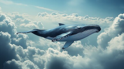 Fototapeta premium A majestic whale appears to swim effortlessly through a surreal landscape of fluffy white clouds, symbolizing freedom and grace in its serene, dreamlike journey.
