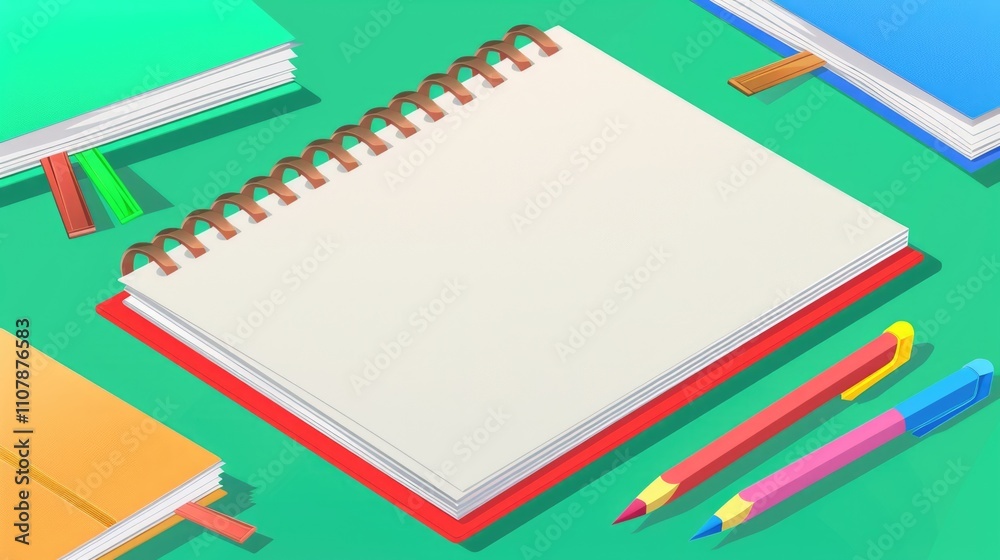 Leinwandbilder a picture of an open notebook with colored pencils lying next to it