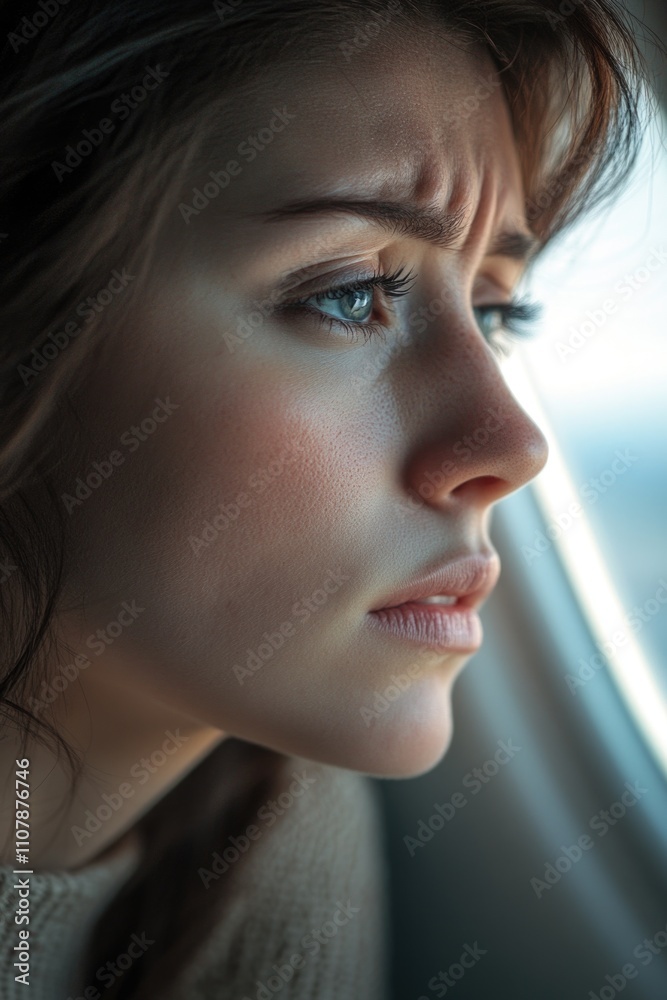 Poster a passenger looking out the window on a flight, with clouds and sky visible