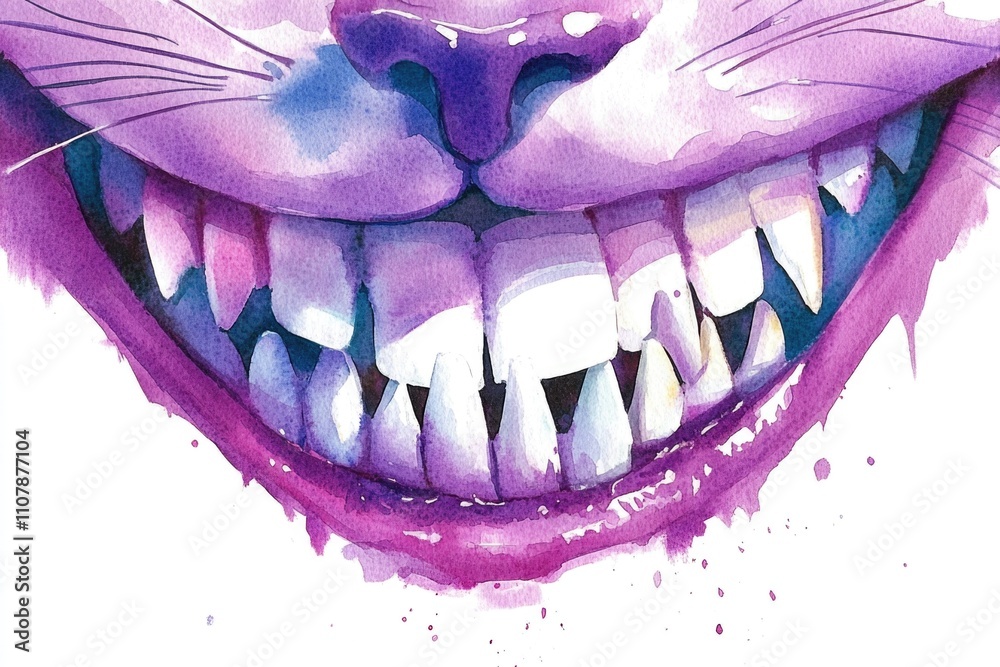 Poster a detailed view of a feline's facial features, including sharp teeth