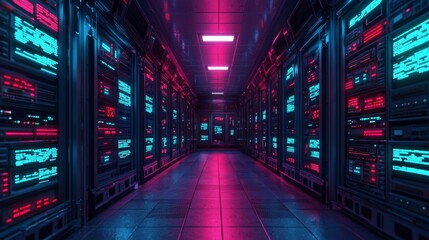 Fototapeta premium A futuristic server room with illuminated racks, featuring vibrant blue and red lights, showcasing advanced technology and a sleek, modern design.