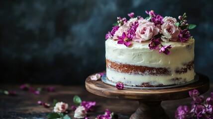 Naklejka premium Beautiful floral-decorated cake on wooden stand with cream icing