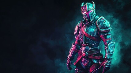 Fototapeta premium Warrior in glowing, mystical armor poses shadowy surroundings