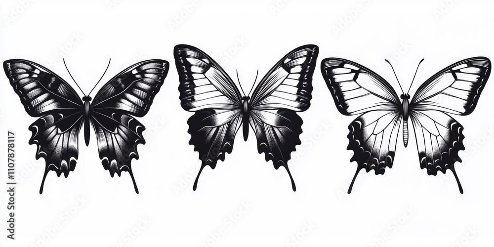 Aufkleber close-up of three butterflies with black and white patterns on a white background