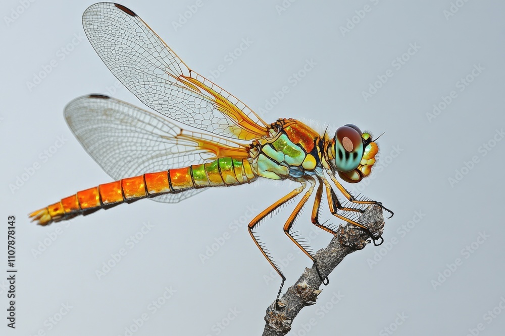 Poster a dragonfly perched on a tree branch, surrounded by foliage