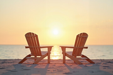 Two wooden beach chairs facing a beautiful sunset over the ocean