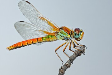 A dragonfly perched on a tree branch, surrounded by foliage