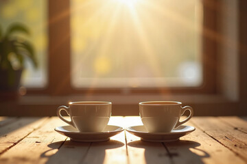 Fototapeta premium Two white coffee cups on wooden table with sunlight shining through the window