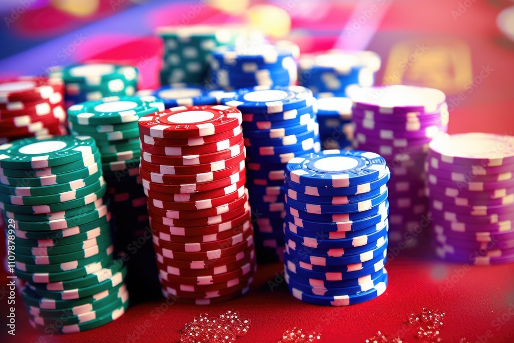 Poster a collection of poker chips stacked on a table, suitable for casino or game-related contexts
