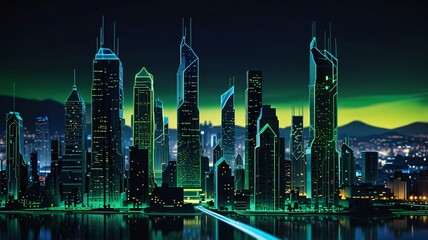 Obraz premium Neon Cyberpunk Cityscape at Night with Reflective Water V2