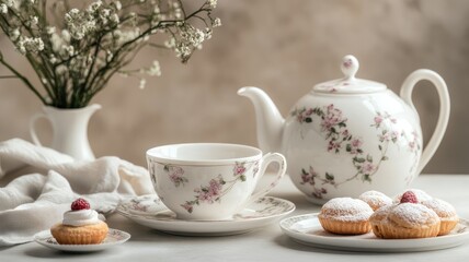 Fototapeta premium Elegant floral tea set with pastries and vase of flowers on table