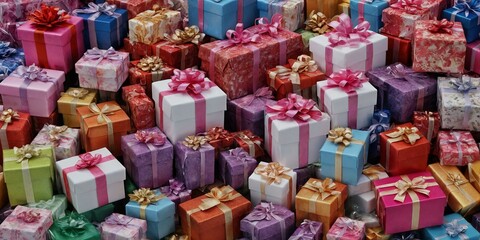 Fototapeta premium Bunte Sammlung von Geschenkboxen mit pinken und goldenen Schleifen