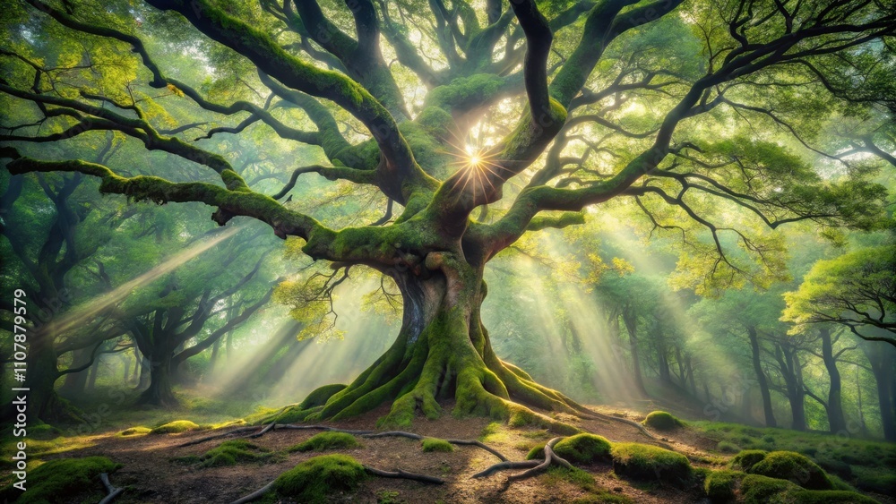 Poster ancient tree bathed in sunlight, its mighty branches reaching towards the sky, creating a canopy of 