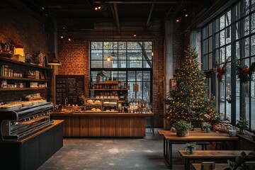 Empty modern bakery interior with exposed brick wall and christmas tree