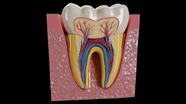 Realistic depiction showing internal anatomy of a tooth, including enamel, dentine, gum, and nerve structures, highlighting dental care importance and medical studies.