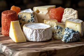 A wooden cutting board covered in a variety of cheeses, great for serving or displaying
