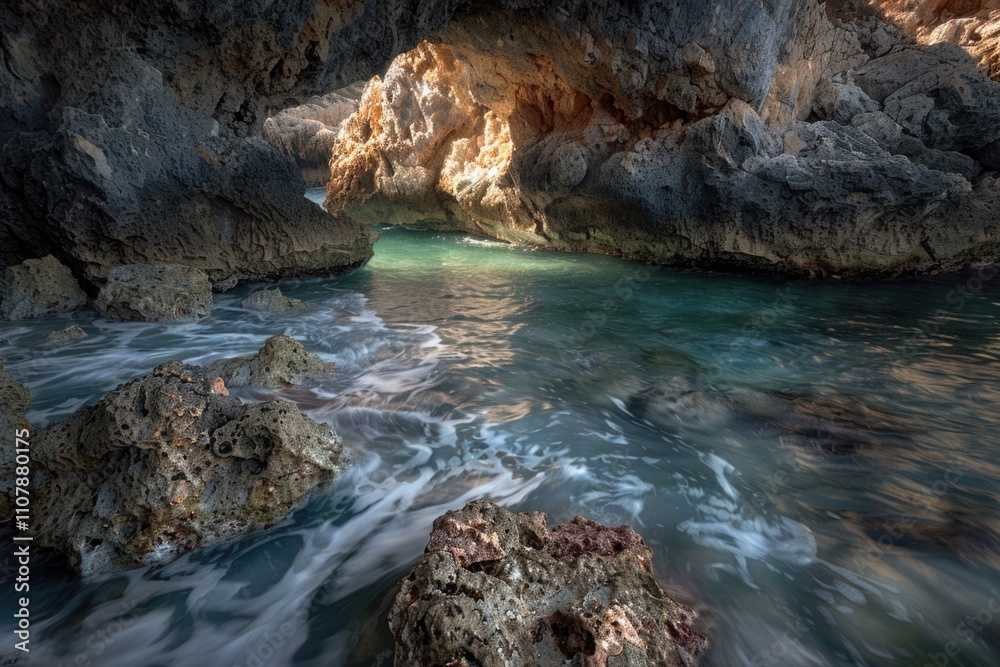Aufkleber a serene natural setting featuring a body of water surrounded by rocks with a cave in the background