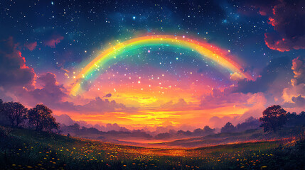 Majestic rainbow stretches across a vibrant sunset sky over a tranquil meadow filled with wildflowers. Generative AI