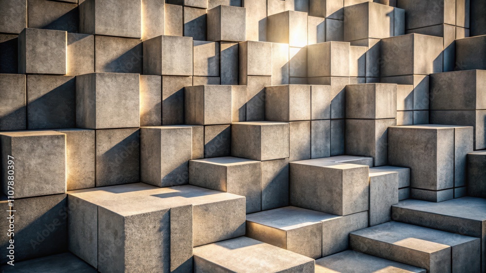 Fototapete a geometric composition of concrete cubes, stacked in a staggered pattern, illuminated by the warm g