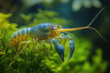 A blue and yellow lobster swimming in a glass aquarium