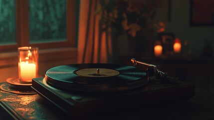 A vinyl record player sitting next to a candle on a table