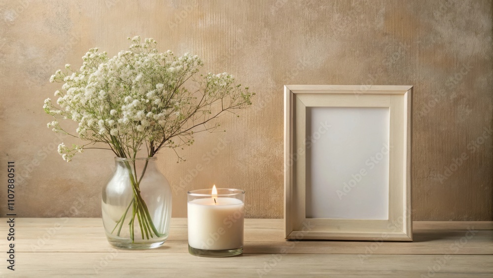 Poster a simple vignette featuring a vase of delicate white flowers, a burning candle, and a blank picture 