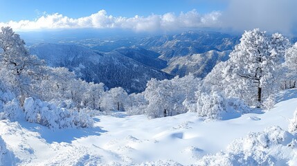 Obraz premium A serene winter landscape showcasing snow-covered mountains and trees under a clear sky.