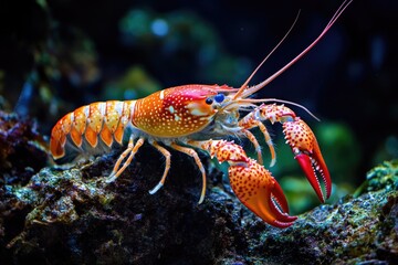 A vibrant crustacean perches on a rocky outcropping, its bright coloration standing out against the natural surroundings