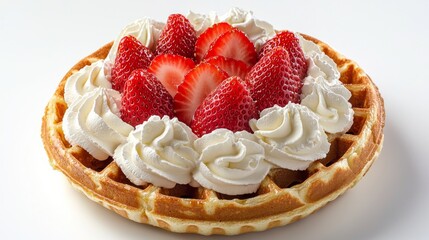 A delicious waffle topped with whipped cream and fresh strawberries, creating a tempting dessert treat.