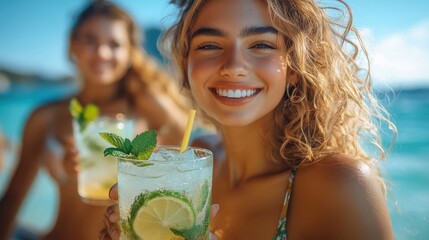 happy young people toasting mojito drinks at beach cocktail bar youth and summertime concep