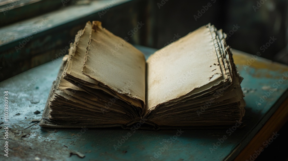 Aufkleber an open book sits on a table, ready to be read