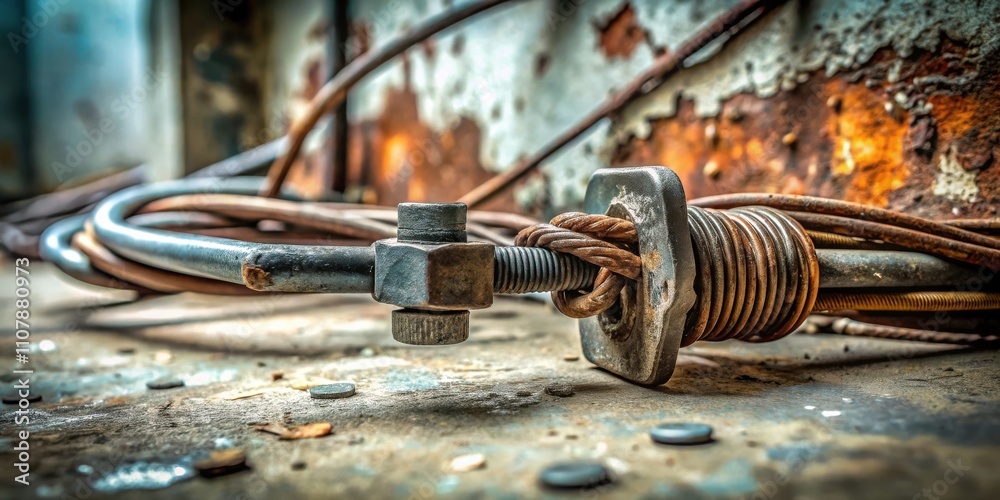 Poster a rusty metal object with a tightly wound coil of wire and a nut and bolt