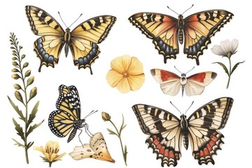 Naklejka premium Delicate butterflies and colorful flowers on a clean white background, perfect for illustrations, design projects or editorial use