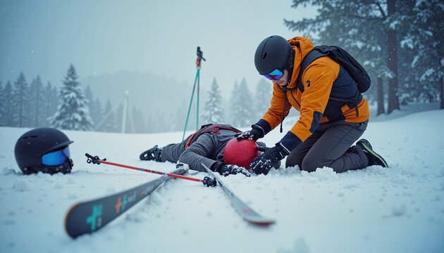 Ski instructor providing first aid to a fallen skier on a snowy slope
