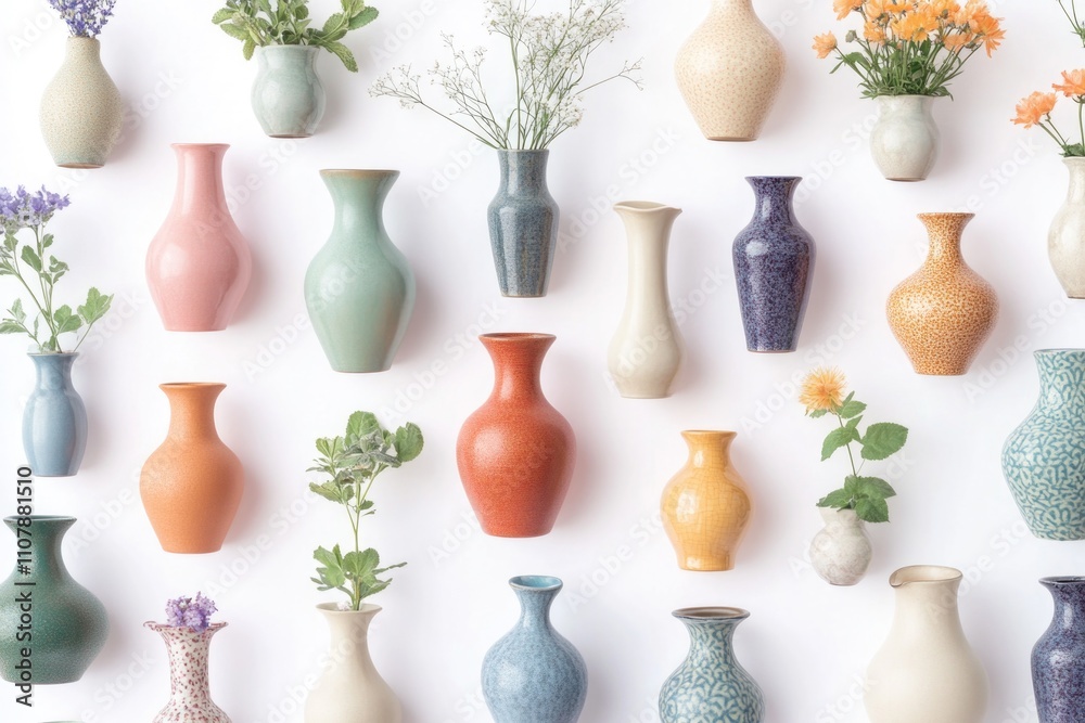 Poster a collection of colorful vases arranged on a plain white surface