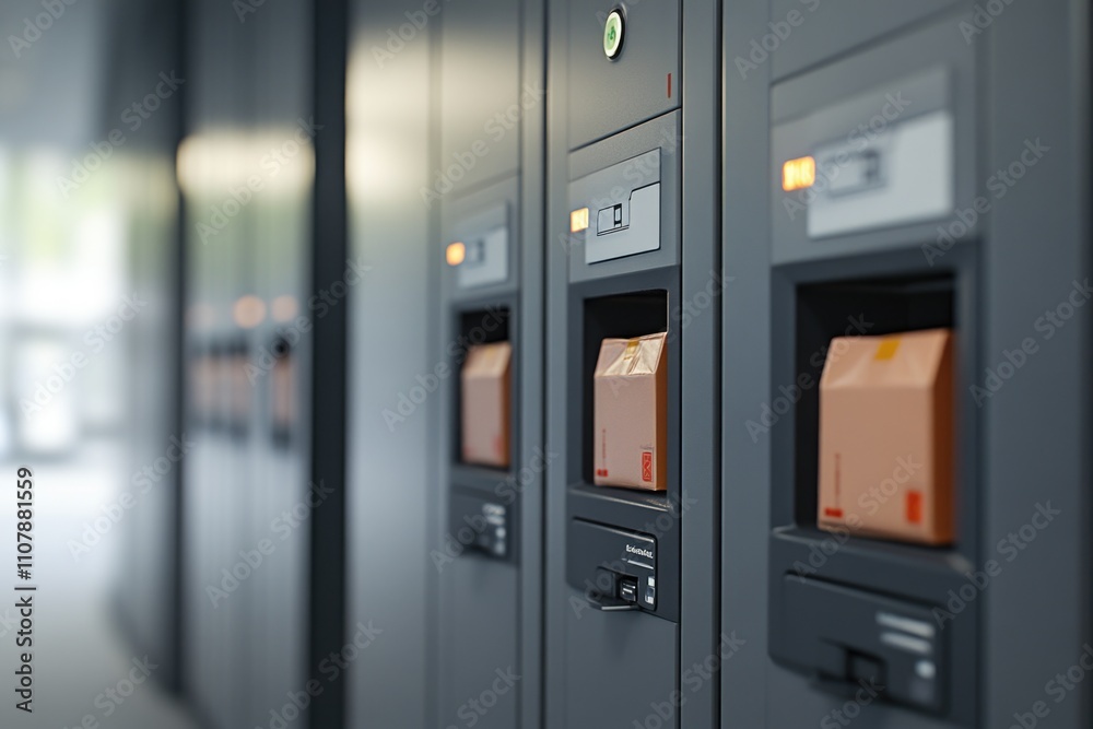 Poster Row of metal lockers filled with storage boxes and containers