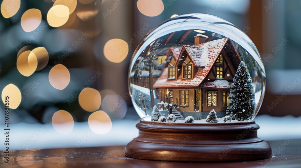 Aufkleber a snow globe sits atop a wooden table, complete with tiny snowflakes and figurines inside