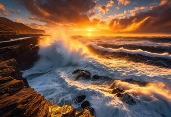 Obraz premium majestic energetic waves illustrating force splendor dynamic motion, azure, beach, blue, coastal, contours, crashing, energy, elements, foam, fluid, forms