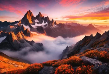 Tableau sur toile Coucher de soleil breathtaking dawn light illuminating majestic mountain peaks under clear skies vibrant colors, sky, nature, horizon, sunrise, landscape, scenery, range  © Yaraslava