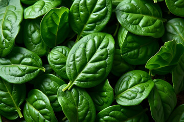 Fototapeta premium Top view on fresh organic spinach leaves. Healthy green food and vegan background