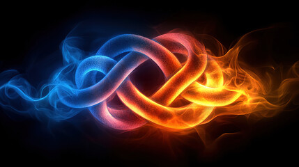 Obraz premium Dynamic interplay of blue and orange waves creating a vibrant knot design on a dark background. Generative AI