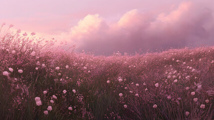 Naklejka premium Pink wildflowers in a field at sunset under a cloudy sky.