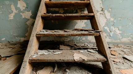 A weathered wooden ladder rests on a dusty floor, surrounded by peeling paint and debris, evoking a sense of neglect and abandonment.
