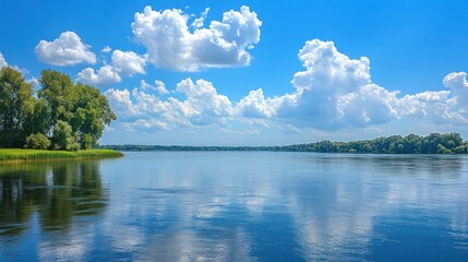 Serene Summer River Landscape: A Picturesque View of Tranquil Waters Under a Blue Sky